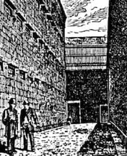 A sketch of the Tombs yard. Two men in suits are chatting.