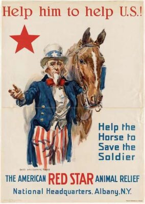 a poster advertising the American Red Star Animal Relief. Uncle Sam is pictured by a war horse 
Boston Public Library