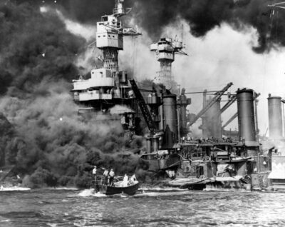 USS West Virginia under attack at Pearl Harbor.