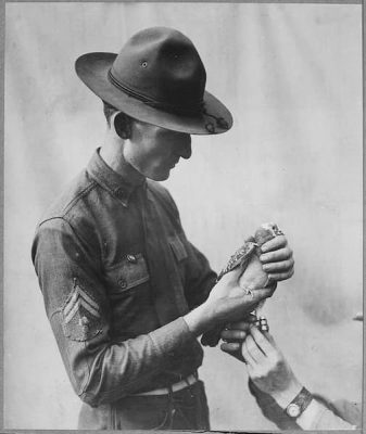 This is a black-and-white photo of a World War I officer sending off a message with a pigeon.