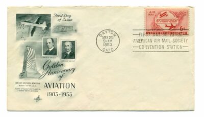 This is what is called a cachet. This one celbrates the anniversary of aviation with a drawing of a plane, two pioneer avitors, and a building.