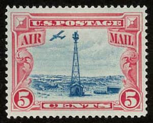U.S. postage airmail stamp 5 cents. There is a drawing of a beacon with a plane flying in the background.