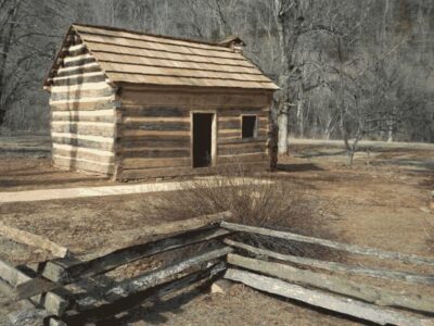 Home in Knob Creek. Maintained by the National Park Service. The color photo shows a rebuit log cabin in good condition.