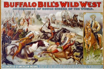 This is a dynamic poster of Buffalo Bill (shown on the right, mounted on his horse, and a "congress of Indians" on the warpath.
