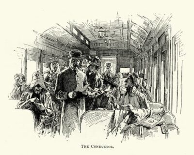 This sketch was probably in Harper's Weekly. It shows a conductor reviewing a ticket handed him by a bonneted customer. The train has many passesngers on it.  Photo credit: Duncan, National Park Service