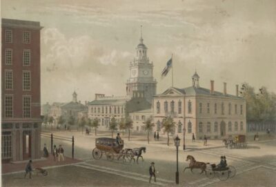 This is a vintage print of a painting showing early Philadelphia where James  Durham first practiced medicine.