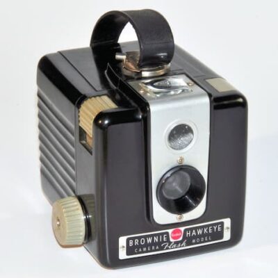 A photo of a more up-to-date Brownie camera. It is identified as a Brownie Hawkeye.