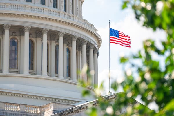The U.S. Capitol building is shown with its columns in view, and the U.S. flag flies at half-staff in the foreground, partially framed by green leaves and branches.