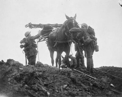 Twp soldiers help to put a gas mask on a horse. The horse is already loaded with equipment for th battlefield.