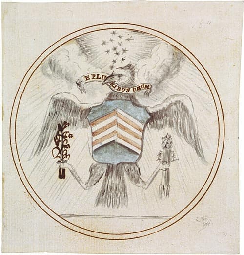 This appears to be a sketch done in colred pencils showing what the Founders had in mind. The eagle has outspread wings; an olive branch in his right talon; his left talon holds arrows. "E Pluribus Unum" on banner held in his beak.