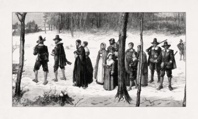 An etching of colonists on the way to church services.