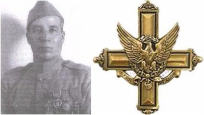 Black and white photo of Marcelino Serna, a soldier in uniform, on the left; on the right, a military medal with an eagle on a cross.