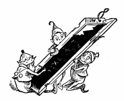 Here there are three of Palmer Cox's brownies using what looks to be a slate. One is writing; one is erasing, and one is in the back holding up the slate.
