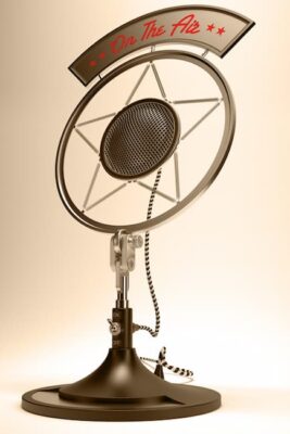 A beautiful color photo of an old carbon button microphone with "On the Air" atop it. 
istockphoto
