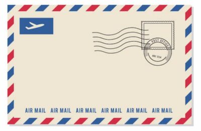 This is a  sample of an air mail envelope wtih red and blue striping along the edge of the envelope. This one also has a postmark but no stamp.