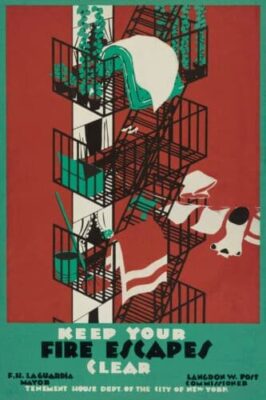 The government created a poster to remind people of the importance of keeping a fire escape clear. The poster shows laundry and mattresses and even a tree on the fire escape.