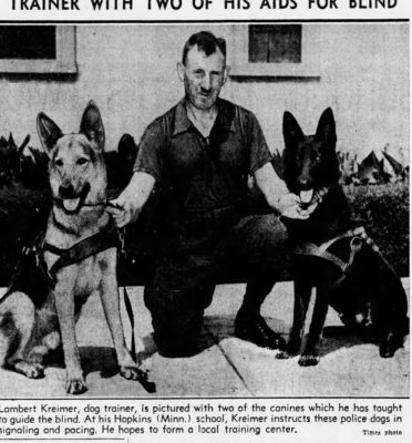 This is a newspapr photo of traine Lambert Kreimer who worked with Sinkin's dogs. 