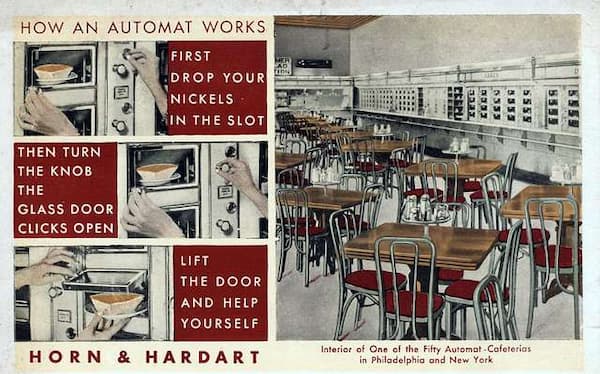 Vintage instructional poster for Horn & Hardart Automat shows steps to use the food vending machines and a cafeteria interior with tables, chairs, and a wall lined with food compartments.
