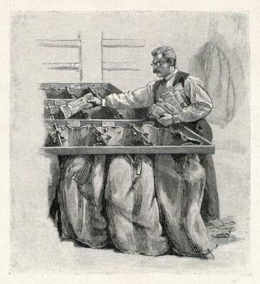 An illustration of a man sorting the mail, probably 1890s.