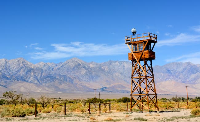 A recent photo of the guard tower of Manzanar relocation center.