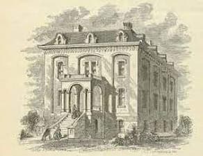 This is an illustration of the New England Female Medical College from the 1860s. It is an elegant 2-story building with attic windows poking through the mansard-style roof.