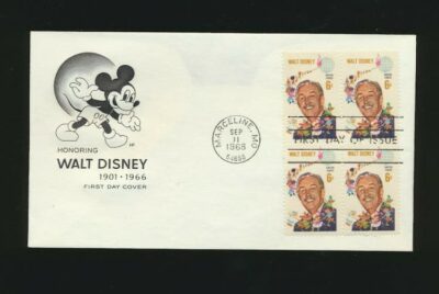 This is a cachet with Mickey Mouse featured in the left corner of the envelope. The stamps bear the face of Walt Disney.