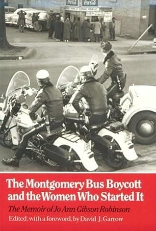 This is a cover photo of the book by Jo Ann Gibson Robinson. The photo shows motorcycle policemen watching Black citizens change cars at a downtown lot. 