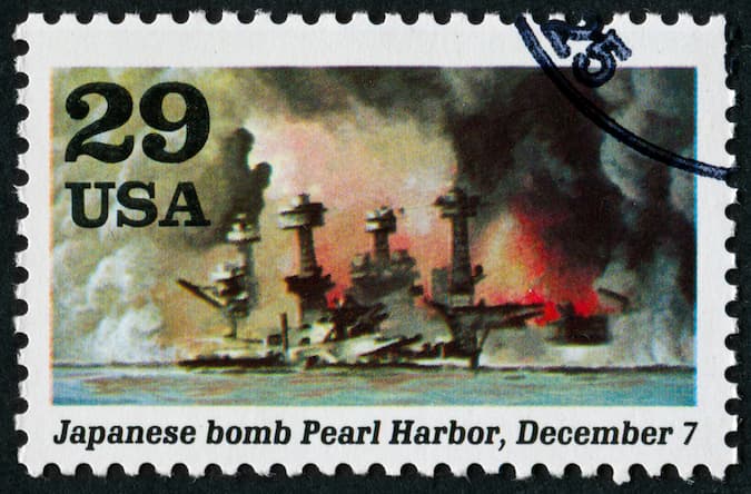 A U.S. postage stamp showing the bombing of Pearl Harbor
istock.com