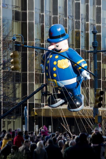 An early balloon for the Macy's parade. This one is of a Keystone-Cop style policeman.