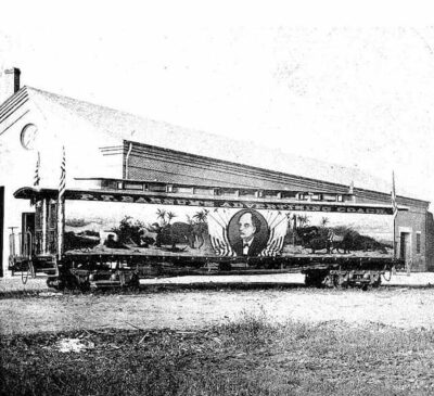 This is a railroad car with Barnum's picture on it as well as circus animals. This train pre-dated his time with Bailey.
