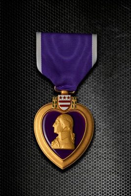 A Purple Heart medal with a gold border and a profile of George Washington, hanging from a purple and white ribbon, is displayed against a dark textured background, honoring brave recipients such as Marcelino Serna.