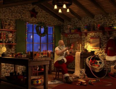 workshop painting of Santa making toys.