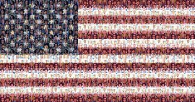 An artist's version of our American flag with faces of people of all colors added to the stars and stripes. istockphoto