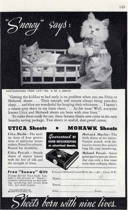 Two of Frees's kittens are used in an advertisement for sheets. One is dressed as a mother cat. The other kitten is being tucked in bed.