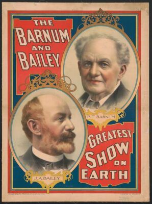 This is a color poster of the Barnum and Bailey "Greatest Show on Earth." Illustrations of the two men are highlighted in cameo portraits