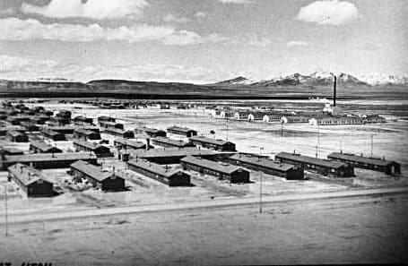 A black-and-white photo of the relocation center in Topaz, Utah.