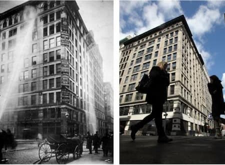 Two side-by-sidephotographs of the Brown building where the fire took place. On the left, you see a horse-drawn fire engine and water shooting to upper floors. On the right is the photo of the building today.