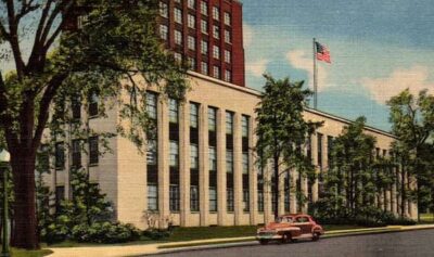 A postcard of the Upjohn office building in Kalamazoo