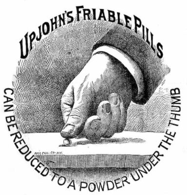 This is the logo that the company used for many years...a thumb crushing a pill on a pine board.
