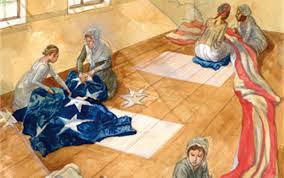 a color illustration of women working on the floor of the brewery to make the oversized flag.